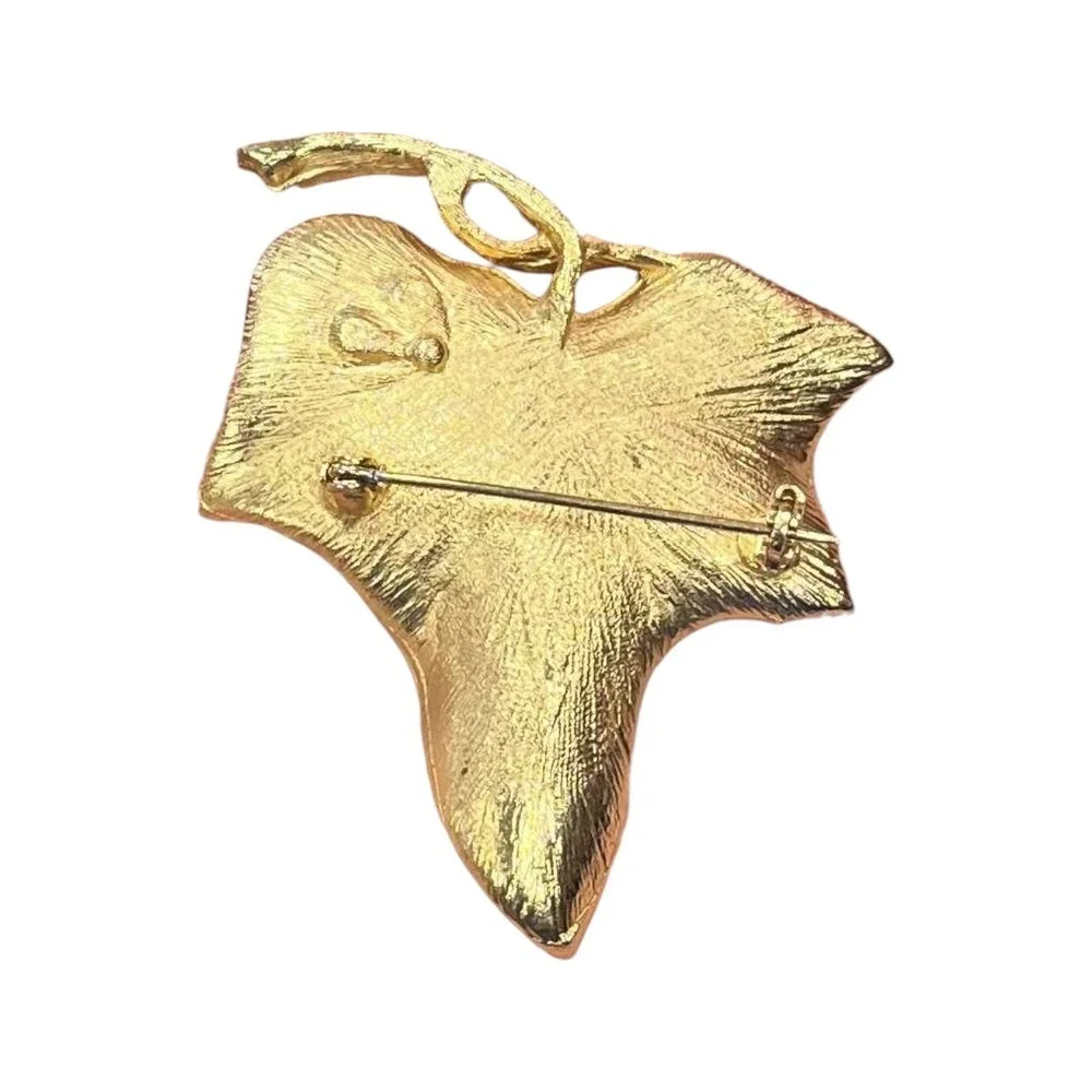 Vintage Leaf w/ Tiny Red Rhinestone Butterfly Brushed Gold Tone Large Brooch Pin